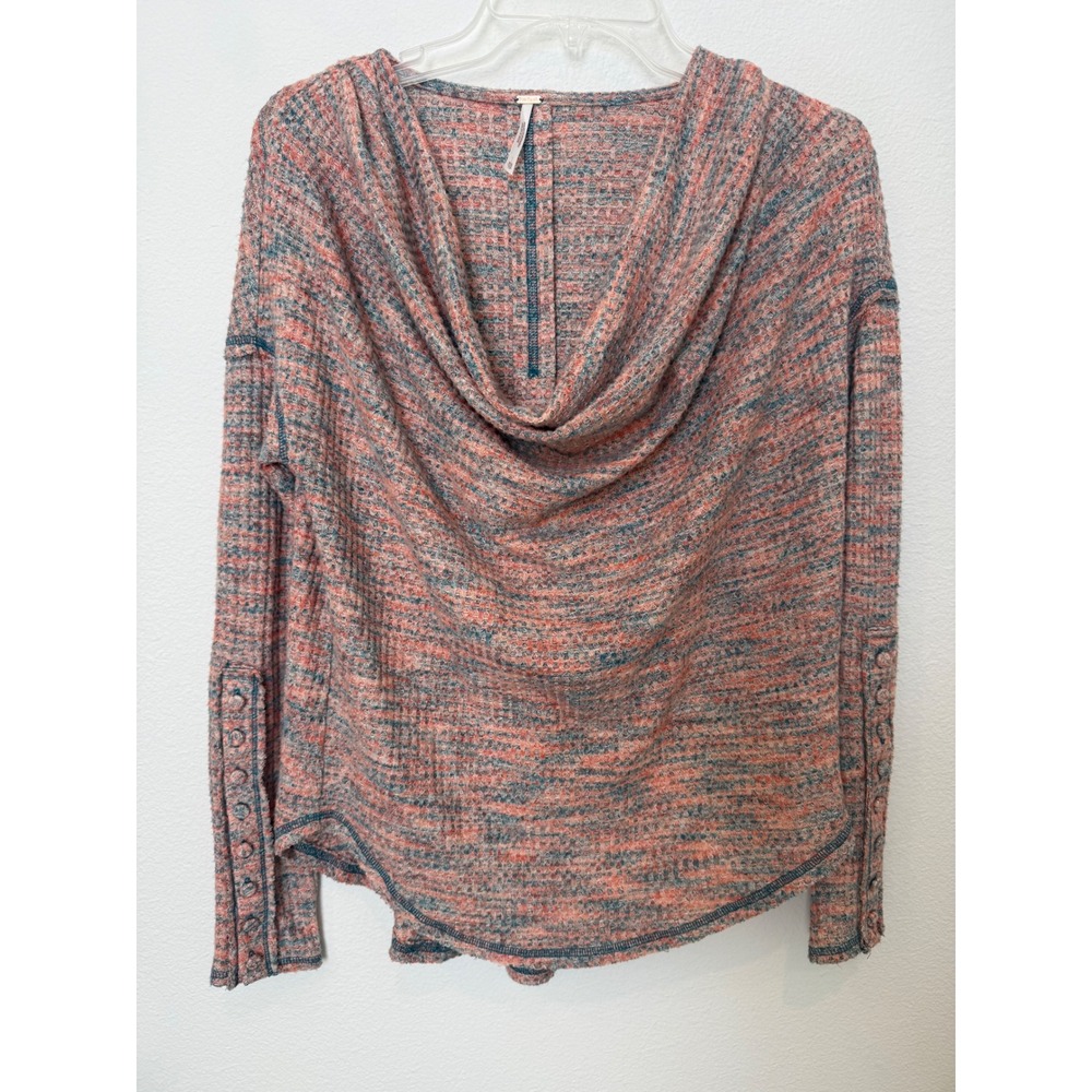 Free People Cowl Neck Thermal Knit Waffle Button Sleeve Top XS Coral Blue